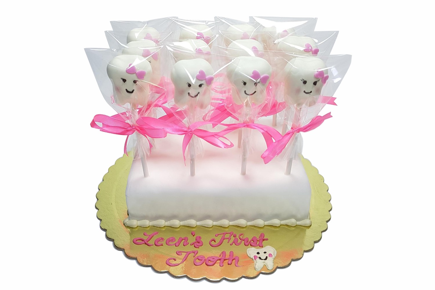 Baby girl 1st tooth cake pops